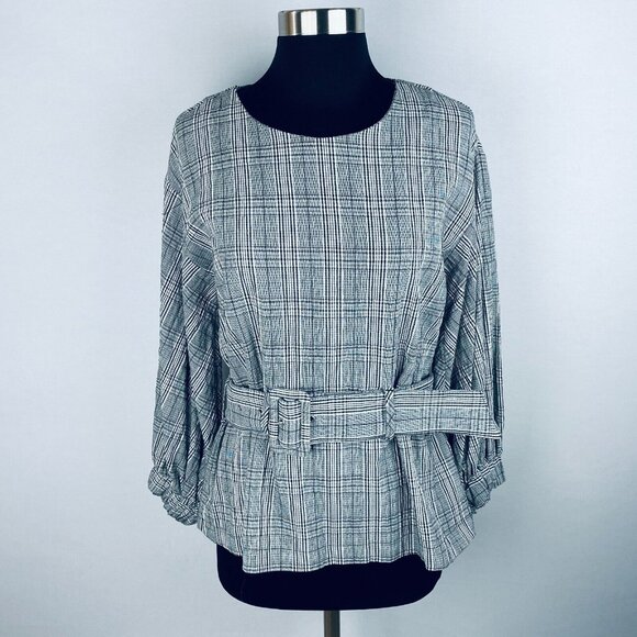 Zara TRF Collection Black & White Plaid Balloon Sleeve Belted Women's S Top - Picture 2 of 9